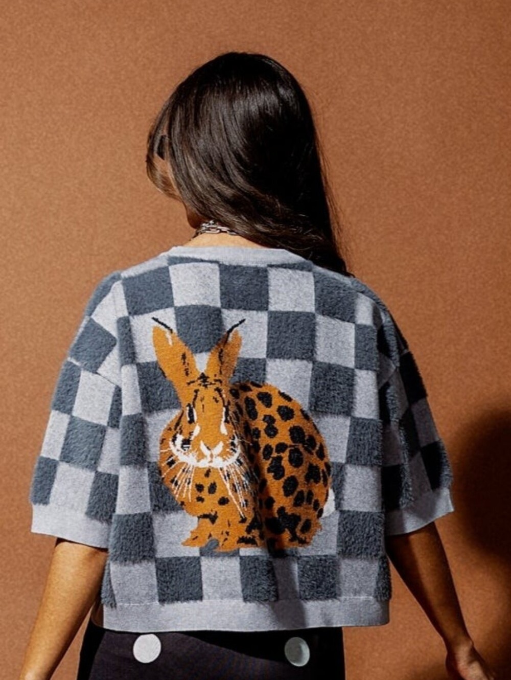 Dressed in LALA Lavender & Gray Checkerboard Bunny Sweater - Picture 4 of 7